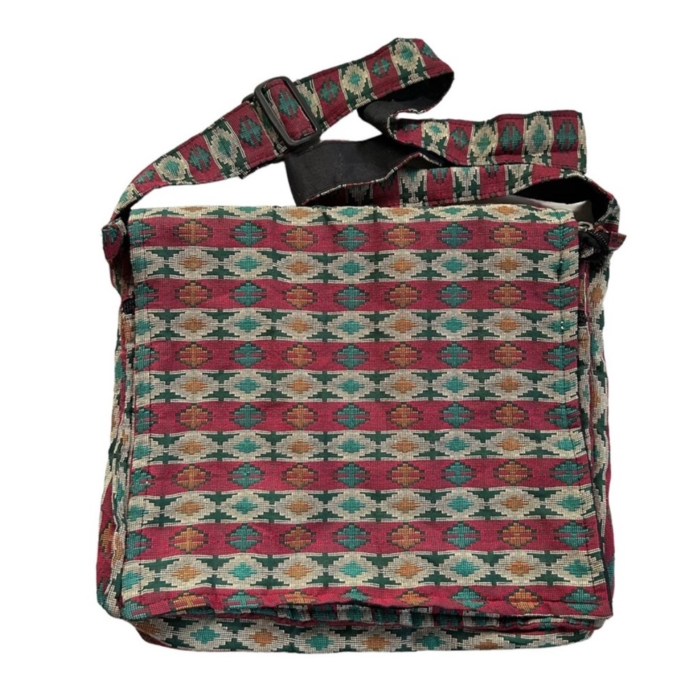 Vintage Geometric Woven Messenger Bag 100% Cotton 90s Grunge Boho Made in Nepal